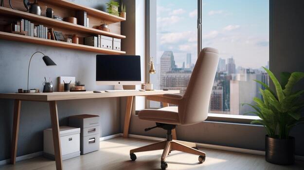 An image highlighting the simplicity and functionality of a contemporary home office with a clutter-free desk, ergonomic chair, and ample natural light, with designated areas for text. AI generated photo