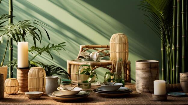 A serene scene featuring bamboo weave incorporated into home decor, such as lampshades and table settings, with designated areas for text. Background image. AI generated photo