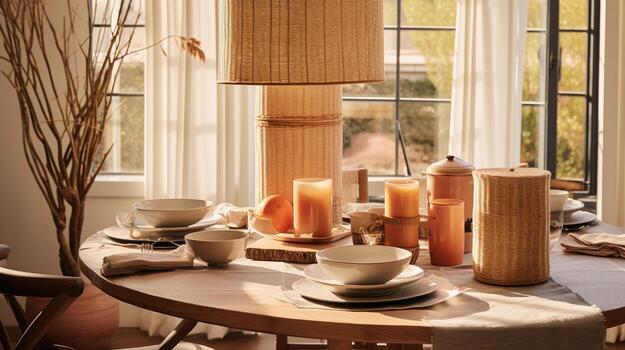 A serene scene featuring bamboo weave incorporated into home decor, such as lampshades and table settings, with designated areas for text. Background image. AI generated photo