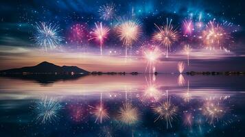 A serene scene showcasing fireworks reflecting in a calm body of water, creating a mesmerizing mirror effect, with space for text. Background image. AI generated photo