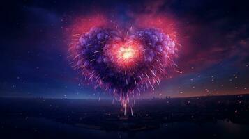 A visually striking composition showcasing fireworks bursting in the shape of a heart against a dark night sky, Background image. AI generated photo