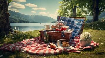 un visualmente atractivo composición exhibiendo un picnic preparar con a cuadros mantas y cestas en un escénico al aire libre ubicación. antecedentes imagen. ai generado foto