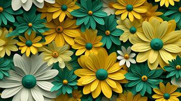 Abstract floral garden, 3D style, shades of green and yellow. Background image. AI generated photo