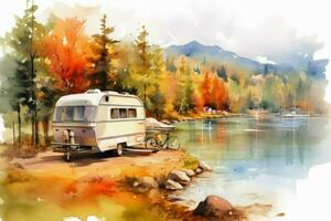 camping in mountain lake with travel trailer wate photo