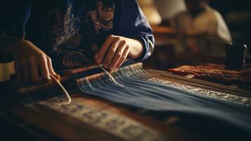 An artistic composition featuring a skilled artisan weaving brocade patterns on a loom. Background image. AI generated photo