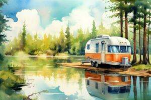 camping in mountain lake with travel trailer wate photo