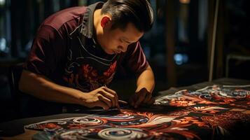 An artistic composition featuring a batik artisan applying hot wax to create intricate patterns on fabric. Background image. AI generated photo