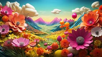 Abstract floral landscape in 3D style, colorful. Background image. AI generated photo