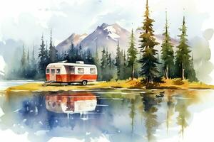 camping in mountain lake with travel trailer wate photo