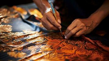 An artistic composition featuring a batik artisan applying hot wax to create intricate patterns on fabric. Background image. AI generated photo