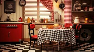 An artistic composition featuring checkered patterns used in kitchen decor, such as checkered tablecloths and curtains. Background image. AI generated photo