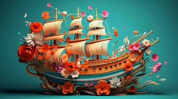 Abstract floral ship in 3D style, colorful. Background image. AI generated photo