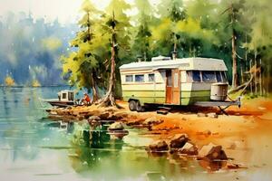 camping in mountain lake with travel trailer wate photo