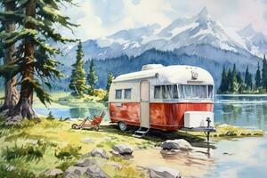 camping in mountain lake with travel trailer wate photo