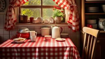 An artistic composition featuring checkered patterns used in kitchen decor, such as checkered tablecloths and curtains. Background image. AI generated photo