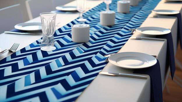 An image featuring chevron-themed event decor, such as table runners and banners, with space for text. Background image. AI generated photo
