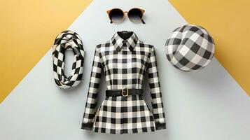 An image featuring a stylish checkered outfit or accessory, with modern design and color variations, with space for text. Background image. AI generated photo