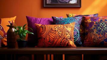 An image highlighting batik patterns used in home decor accents, such as throw pillows and tablecloths, with space for text. Background image. AI generated photo