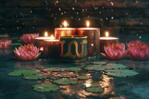 candles on a table with the word lotus on it photo
