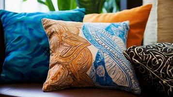 An image highlighting batik patterns used in home decor accents, such as throw pillows and tablecloths, with space for text. Background image. AI generated photo