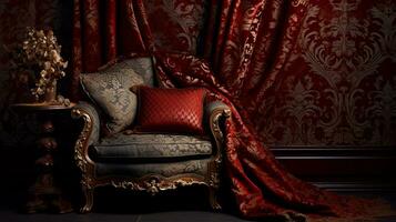 An image highlighting brocade patterns used in home decor accents, such as upholstery and drapes, with space for text. Background image. AI generated photo