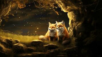 A visual representation of foxes in European mythology, with space for text. Background image, AI generated photo