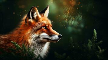 An artistic representation of a fox's head in its natural habitat with space for text, such as a forest setting. Background image, AI generated photo