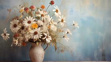 An artistic composition showcasing a rustic wildflower bouquet against a textured backdrop. Background image, AI generated photo