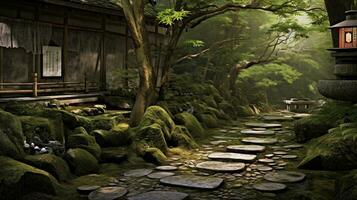 An artistic composition capturing the elegance of a Japanese tea garden with a stone path, bamboo fence, and tea house. Background image, AI generated photo