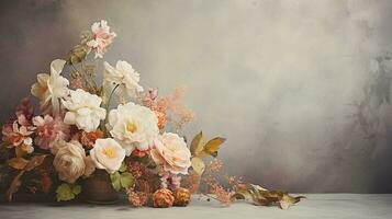 An image featuring a vintage-style floral arrangement with muted tones and a textured background, with space for text. Background image, AI generated photo