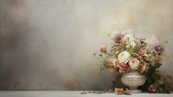 An image featuring a vintage-style floral arrangement with muted tones and a textured background, with space for text. Background image, AI generated photo