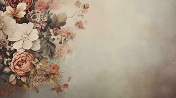 An image featuring a vintage-style floral arrangement with muted tones and a textured background, with space for text. Background image, AI generated photo
