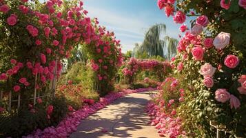 un imagen exhibiendo un encantador Rosa jardín en lleno floración, con espacio para texto a describir el vibrante colores y dulce fragancia. antecedentes imagen, ai generado foto