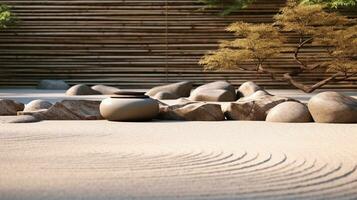 An image showcasing the serene beauty of a traditional Japanese Zen garden with meticulously raked gravel and carefully placed stones, with space for text. Background image, AI generated photo