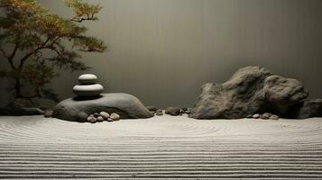 An image showcasing the serene beauty of a traditional Japanese Zen garden with meticulously raked gravel and carefully placed stones, with space for text. Background image, AI generated photo