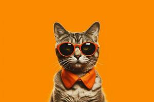 cat with glasses on and a orange background photo