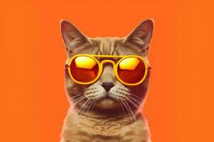 cat with glasses on and a orange background photo