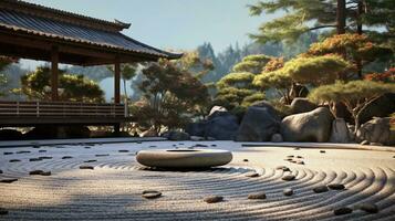 An image showcasing the serene beauty of a traditional Japanese Zen garden with meticulously raked gravel and carefully placed stones, with space for text. Background image, AI generated photo