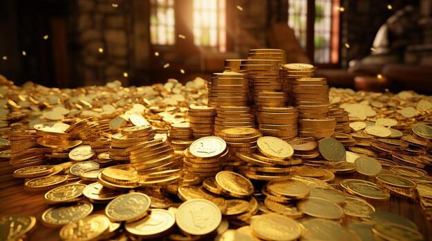 A captivating scene featuring an abundance of golden coins and dollar bills, with designated areas for text, background image, AI generated photo