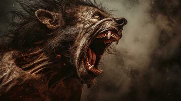 A captivating scene portraying the transformation of a human into a werewolf, a creature from European folklore, against a textured background, background image, AI generated photo