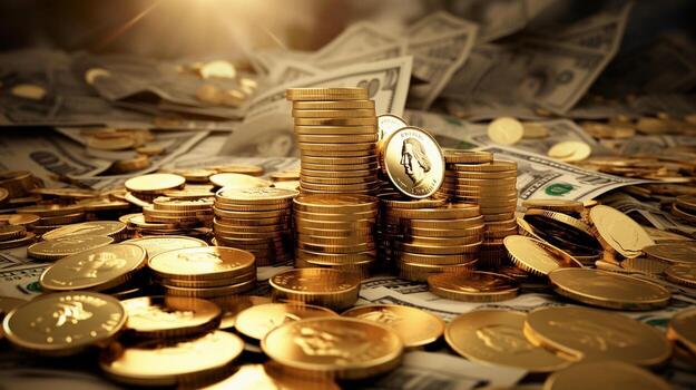 A captivating scene featuring an abundance of golden coins and dollar bills, with designated areas for text, background image, AI generated photo
