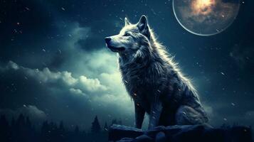 An artistic representation of a lone wolf under a moonlit sky, with textured moon and stars in the background, allowing space for text, background image, AI generated photo