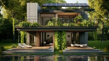 un artístico representación de un moderno casa diseñado con sostenible y Respetuoso del medio ambiente características, conjunto en contra un lozano verde fondo, ai generado foto
