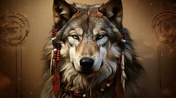 un artístico representación de un lobo como un venerado espíritu animal en nativo americano folklore, conjunto en contra un texturizado fondo, con espacio para texto, antecedentes imagen, ai generado foto