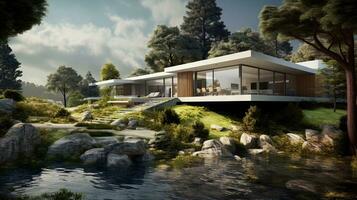 An artistic representation of a modern house that seamlessly blends into its surroundings, harmonizing with the natural landscape, background image, AI generated photo
