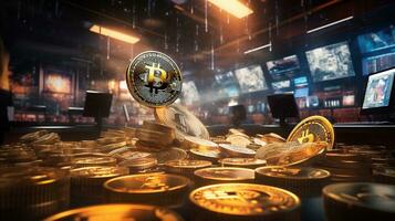 An artistic representation of cryptocurrency transactions, with blockchain graphics and digital wallets, allowing space for text, background image, AI generated photo
