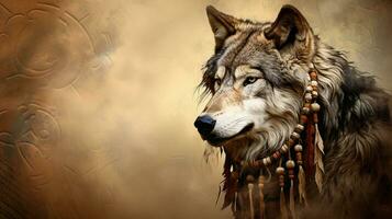 An artistic representation of a wolf as a revered spirit animal in Native American folklore, set against a textured backdrop, with space for text, background image, AI generated photo