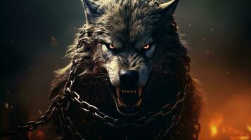 An image depicting Fenrir, the mythical wolf from Norse mythology, with menacing features and chains, background image, AI generated photo