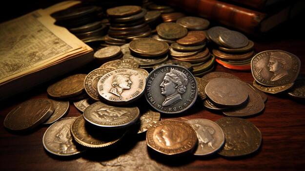 un imagen mostrando raro y antiguo monedas y billetes de banco, con designado areas para texto, antecedentes imagen, ai generado foto