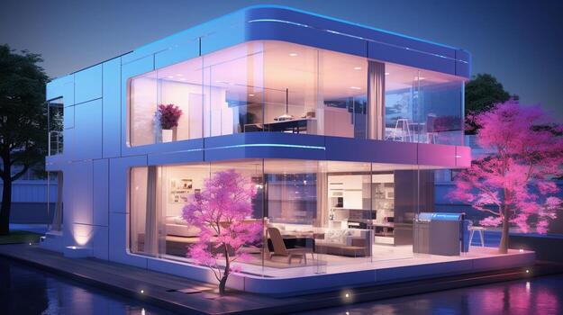 An image featuring a high-tech modern house in an urban environment, with smart technology integrated into its design, allowing space for text, background image, AI generated photo